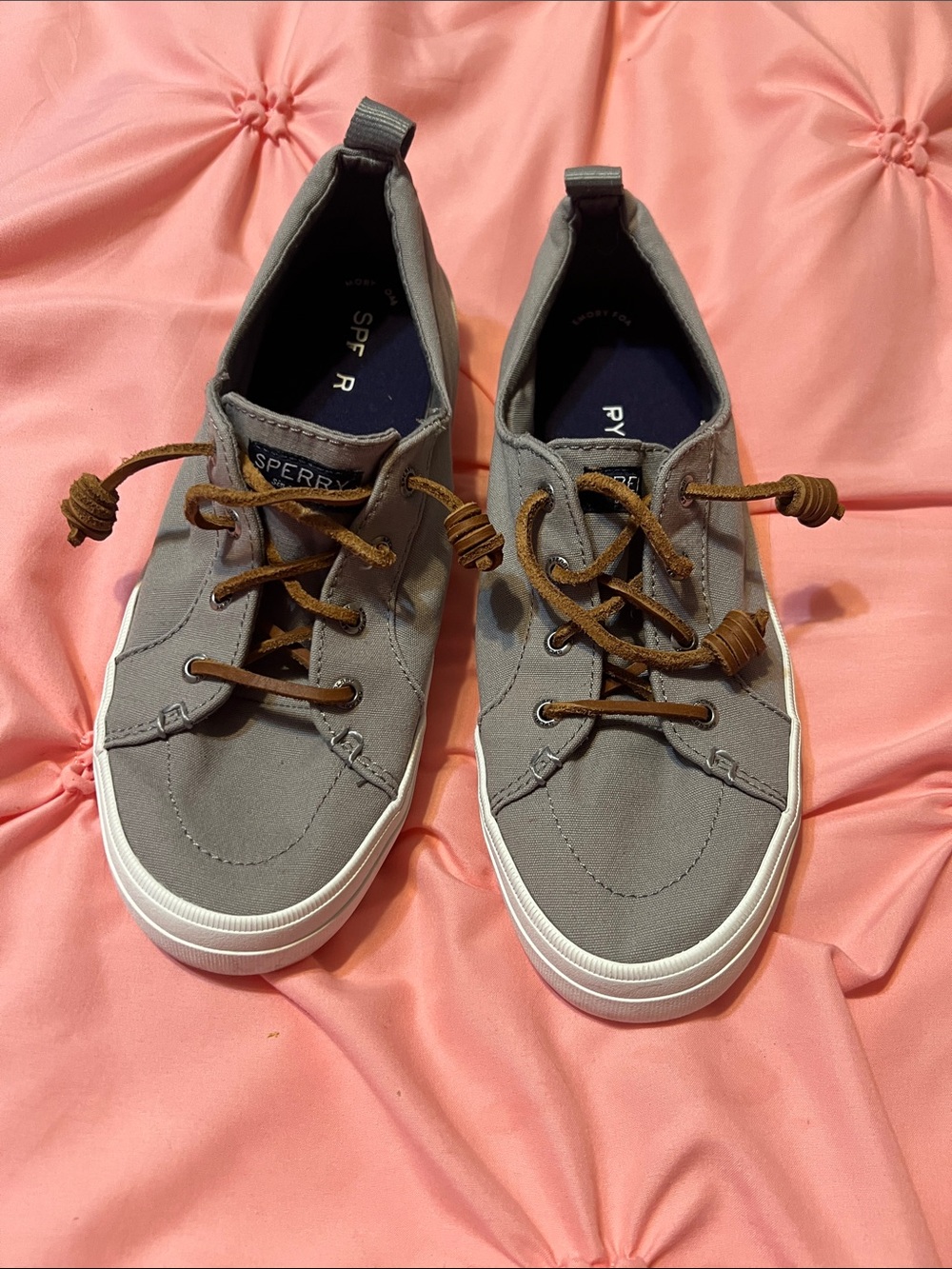 Sperry womens Gray Canvas Boat Shoes with Brown Laces